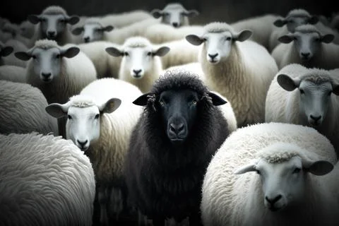 A black sheep surround with normal white sheep metaphor to be outstanding o.. Stock Illustration