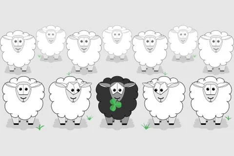 Black sheep surrounded by white sheep Stock Illustration