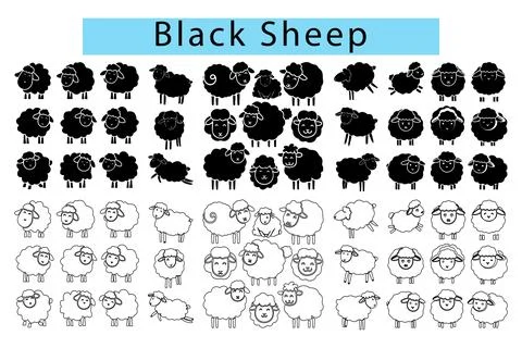 Black Sheep vector illustration black and white, Black Sheep outline draw Stock Illustration