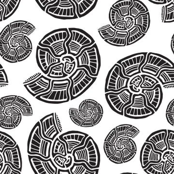 Black shells seamless pattern. Background with spiral ornament. Seashells pat イラスト素材