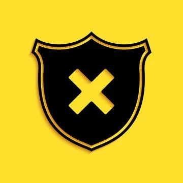 Black Shield and cross x mark icon isolated on yellow background. Denied Illustrazione stock