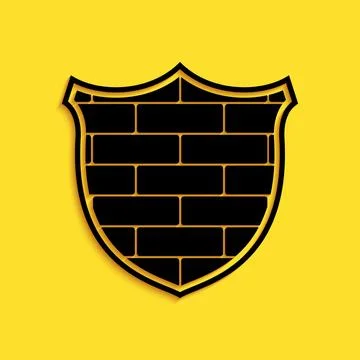 Black Shield with cyber security brick wall icon isolated on yellow background 스톡 일러스트