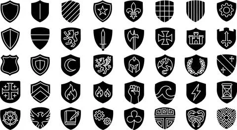 Black shield icons set, security and protection vector symbols Illustrazione stock