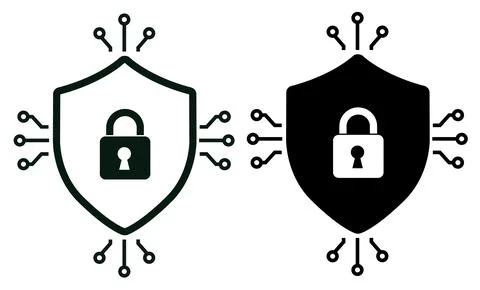 Black shield with padlock and circuit board lines security. Cybersecurity 스톡 일러스트