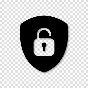 Black shield with unlock padlock icons on a transparent background. Vector .. Stock Illustration