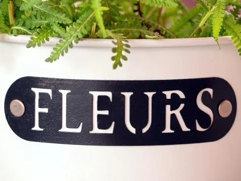 Black Shield on white pot "Fleurs", cutout, close Stock Photos