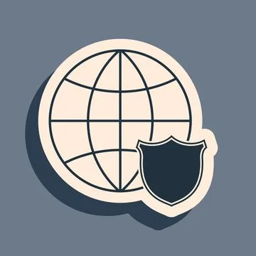 Black Shield with world globe icon isolated on grey background. Security, safety Stockillustratie