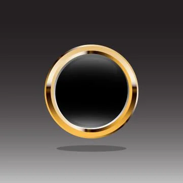 Black shiny button with gold frame. Vector illustration on black background. Stock Illustration
