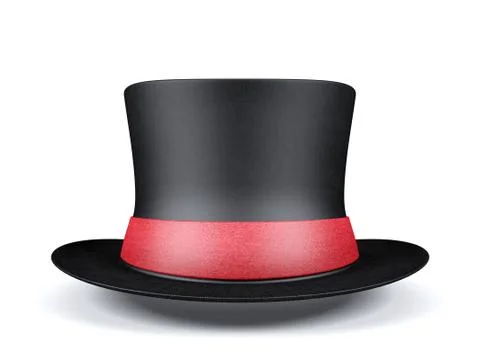 Black short top hat with red ribbon isolated on white background, 3D rendering Stock Illustration