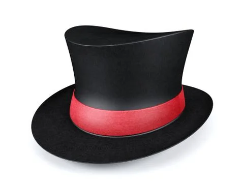 Black short top hat with red ribbon isolated on white background, 3D rendering Stock Illustration