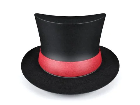 Black short top hat with red ribbon isolated on white background, 3D rendering Stock Illustration