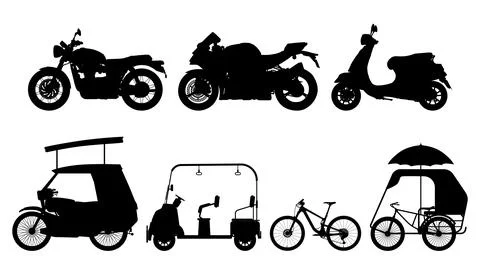 Black Side View Detailed Icons of Light Mode of Transportation Illustrazione stock