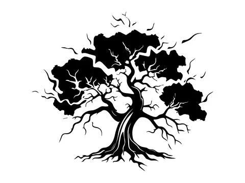 Black silhouette of an ancient tree isolated on a white background. Concept of Stock Illustration