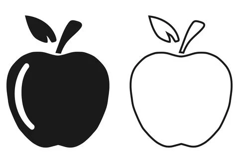 Black Silhouette and Thin Line Outline Icons of Apple Fruit Set Isolated Stock Illustration