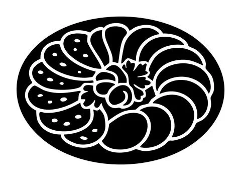 Black silhouette of assorted sliced bread and sausage on plate with garnish Stock Illustration