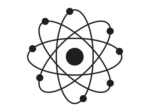 Black silhouette of an atom with orbiting electrons isolated on a white backg Stock Illustration