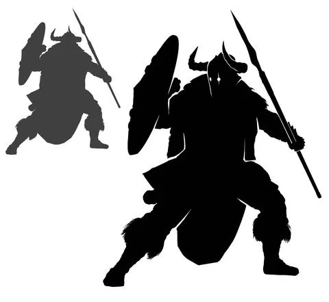 A black silhouette of a barbarian warrior in a horned helmet with a shield an Stock Illustration