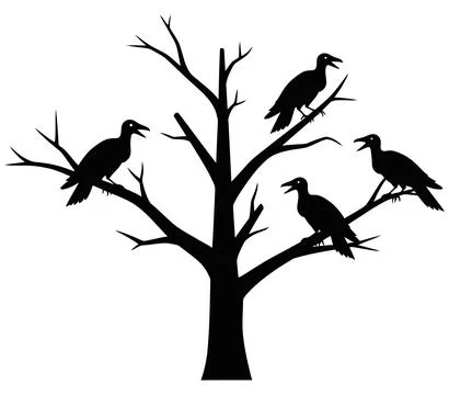 Black silhouette of a bare winter tree with four crows or ravens perched on l Stock Illustration