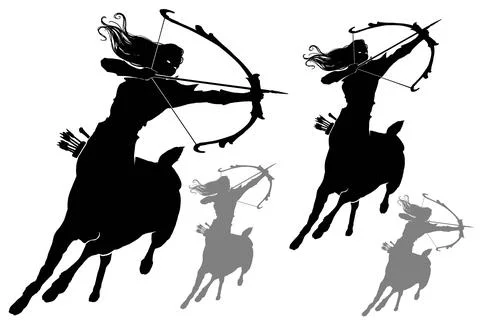 The black silhouette of a beautiful centaur half-deer half-human woman with l Stock Illustration