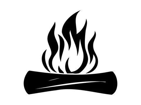 Black silhouette of a burning log with flames, isolated on white background,  Stock Illustration