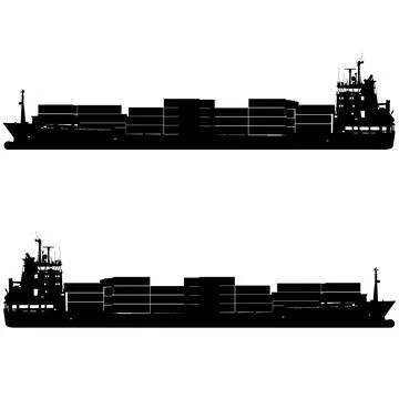 Black silhouette of a cargo ship or container vessel isolated on white backgr Stock Illustration
