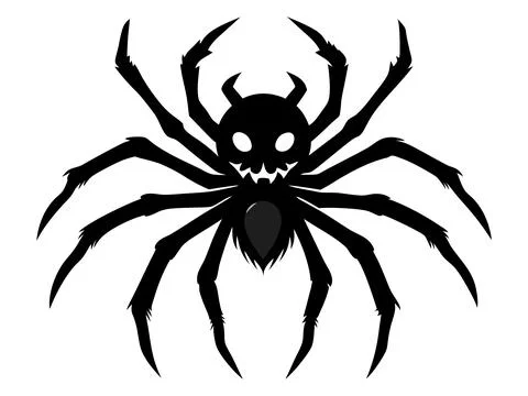 Black silhouette of a cartoon spider isolated on a white background. Concept  Stock Illustration