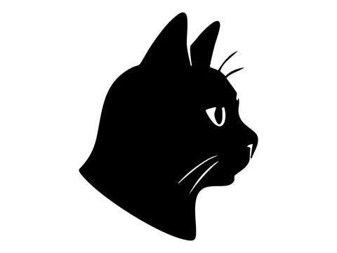 Black silhouette of cat face, side view, isolated on white background. concep Stock Illustration