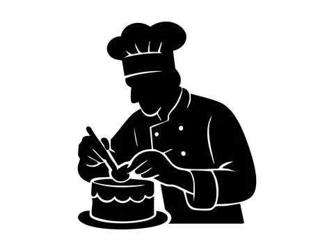 Black silhouette of chef decorating cake with icing, isolated on white Stock Illustration