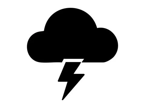 Black silhouette of cloud with lightning icon, isolated on white background Stock Illustration