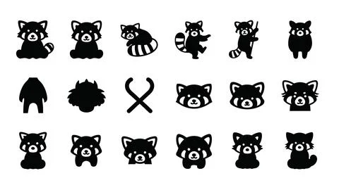 Black silhouette collection of red panda character icons. Stock Illustration