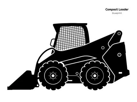 Black silhouette of compact loader. Side view. Isolated. Industrial blueprint Stock Illustration