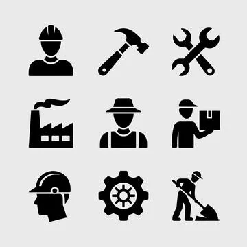 Black silhouette of construction worker, engineer, mechanic, and tools Stock Illustration