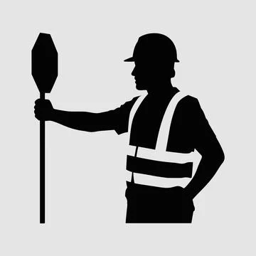 Black silhouette of a construction worker holding an octagonal stop sign Stock Illustration