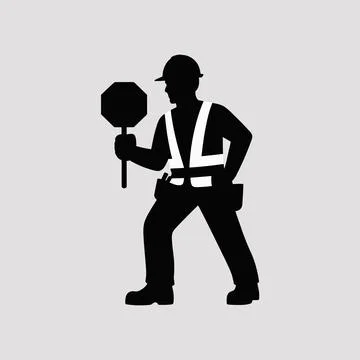 Black silhouette of construction worker holding stop sign Stock Illustration