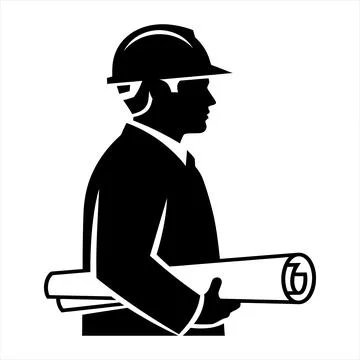 Black silhouette of construction worker wearing hard hat holding rolled Stock Illustration
