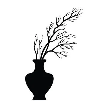 Black silhouette of decorative tree branches in simple vase isolated Stock Illustration