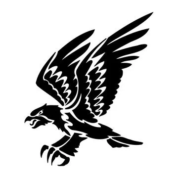Black Silhouette Eagle Bird of Prey with Wings Spread, Hunting Stock Illustration
