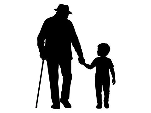 Black silhouette of an elderly man with a cane walking with child boy holding Stock Illustration