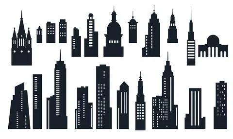 Black Silhouette Elements Set of Skyscraper Tower Building in City Town Stock Illustration