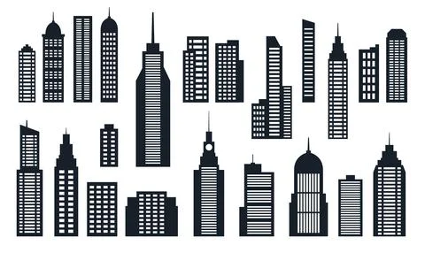 Black Silhouette Elements Set of Skyscraper Tower Building in City Town Stock Illustration