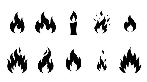 Black silhouette fire flames and burning candle icons for heat and energy s.. Stock Illustration