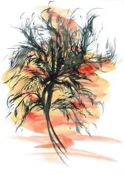 Black silhouette of a fluffy stylized tree on the yellow-peach background Illustrazione stock