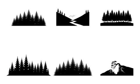 Black silhouette forest landscape scenes with trees and mountains Stock Illustration