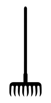 Black silhouette of a garden rake with multiple curved tines and a long handle Illustration