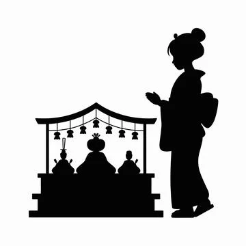 Black silhouette of geisha dancing in front of traditional japanese stage d.. Stock Illustration