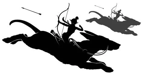 A black silhouette of a girl riding a huge fighting dog in a dynamic jumping  Stock Illustration