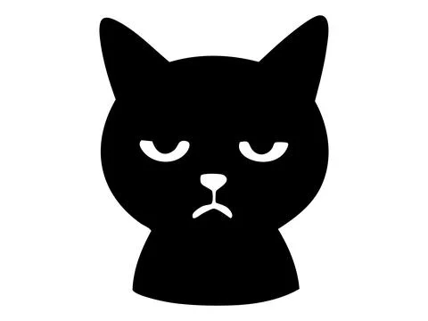 Black silhouette of grumpy cat face isolated on white background. Concept of Illustrazione stock