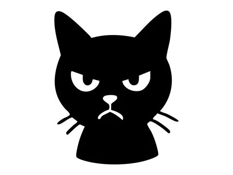 Black silhouette of grumpy cat face, isolated on white background. concept of Stock Illustration