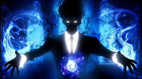 A black silhouette of a guy in an anime style jacket, he spreads his hands to Stock Illustration