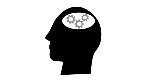 A black silhouette of a head with three grey gears rotating inside. 動画素材 319896567